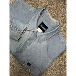 Wrangler Men's Denim Pearl Snap Shirt Size 19x37 Long Sleeve Rodeo Western FLAW